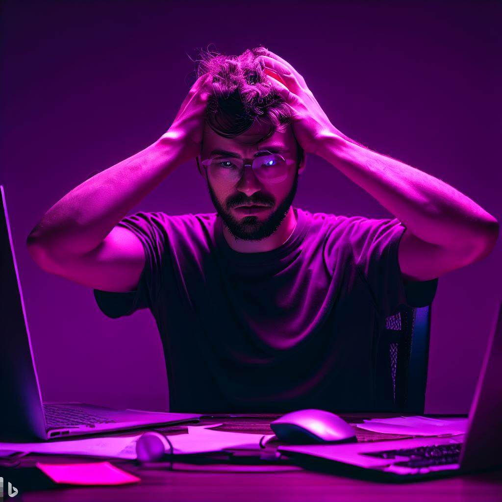 Make a picture of a 25 years old programmer that is exhusted with purple theme